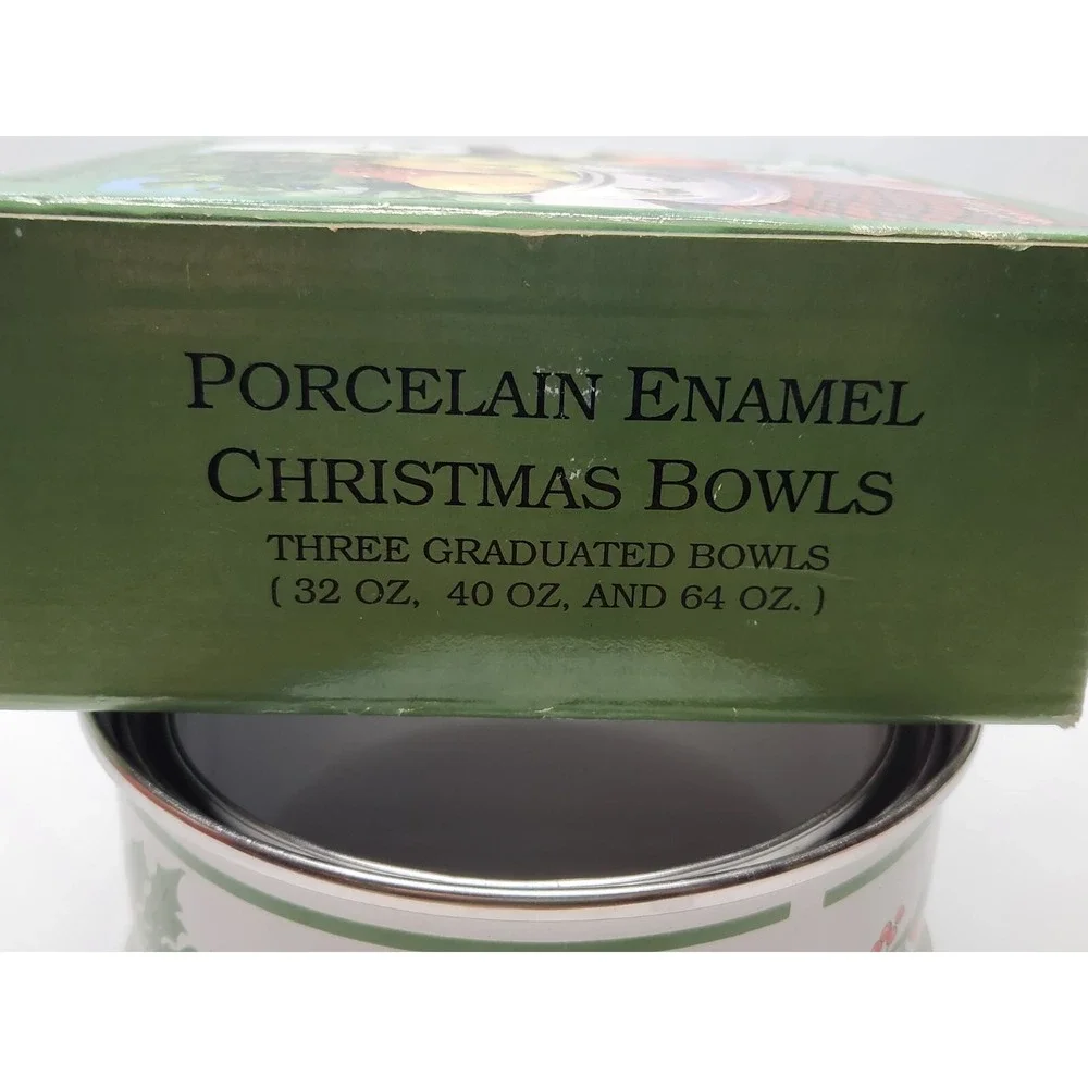 Vintage Christmas Porcelain Enamel On Steel Holly Berry Nesting Bowls Containers